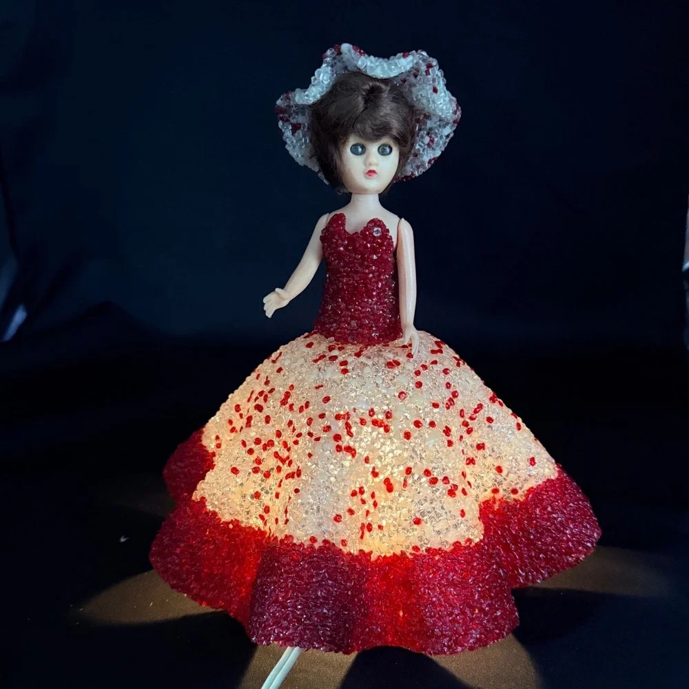 Vintage Popcorn Melted Plastic Doll Lamp Red White Mid Century Kitsch READ